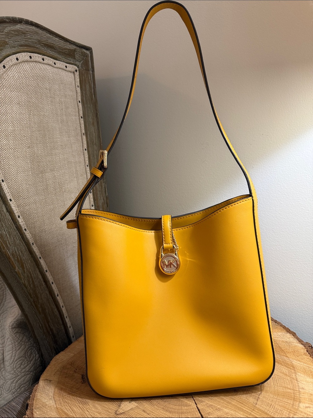 Michael Kors Yellow Leather Shoulder Tote with Gold MK Charm